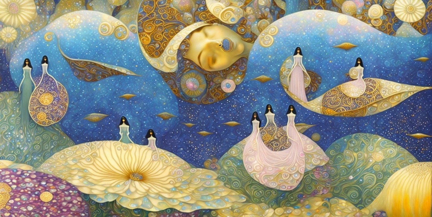 Dreamlike Landscape with Floating Figures and Flowers