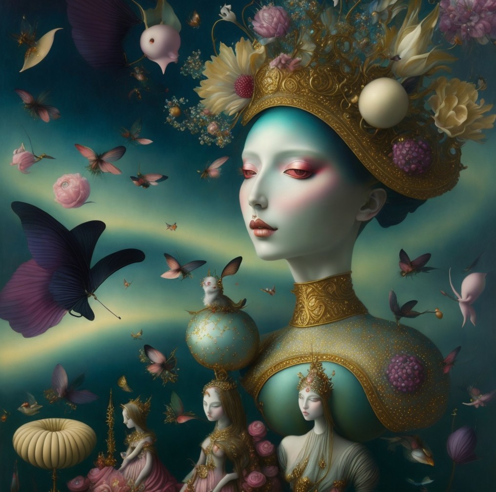 Surreal Portrait of a Majestic Figure with Butterflies