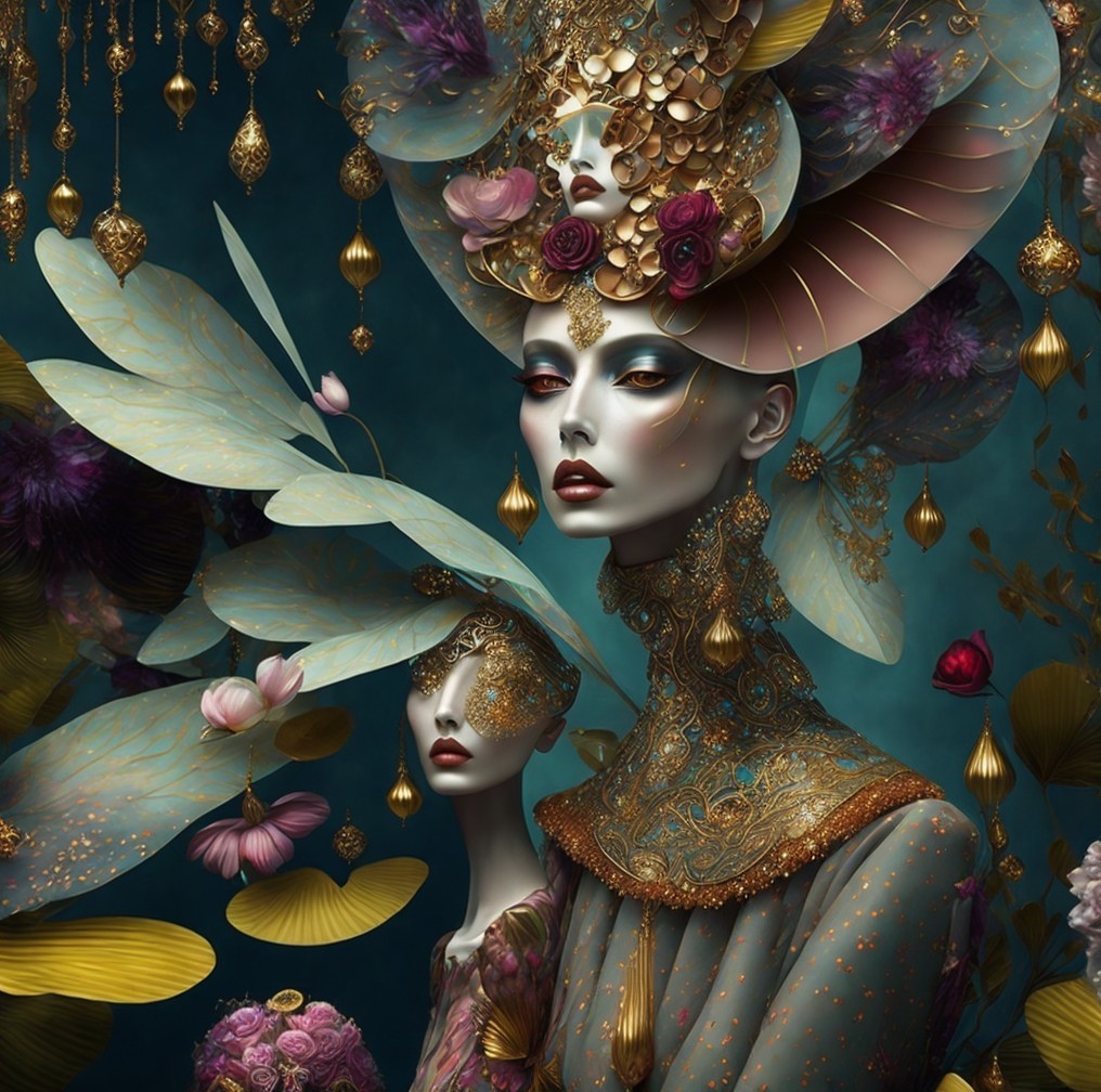 Ethereal Figures in Nature-Inspired Attire and Headdresses