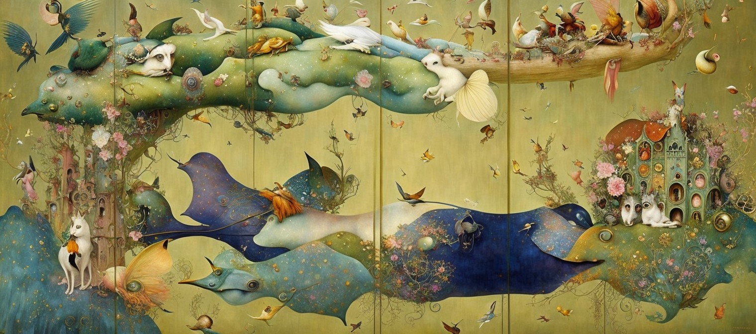 Whimsical Landscape with Vibrant Creatures and Nature