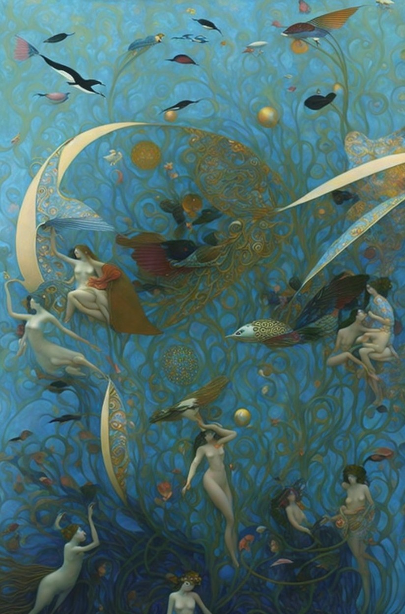 Fantastical Underwater Scene with Ethereal Figures