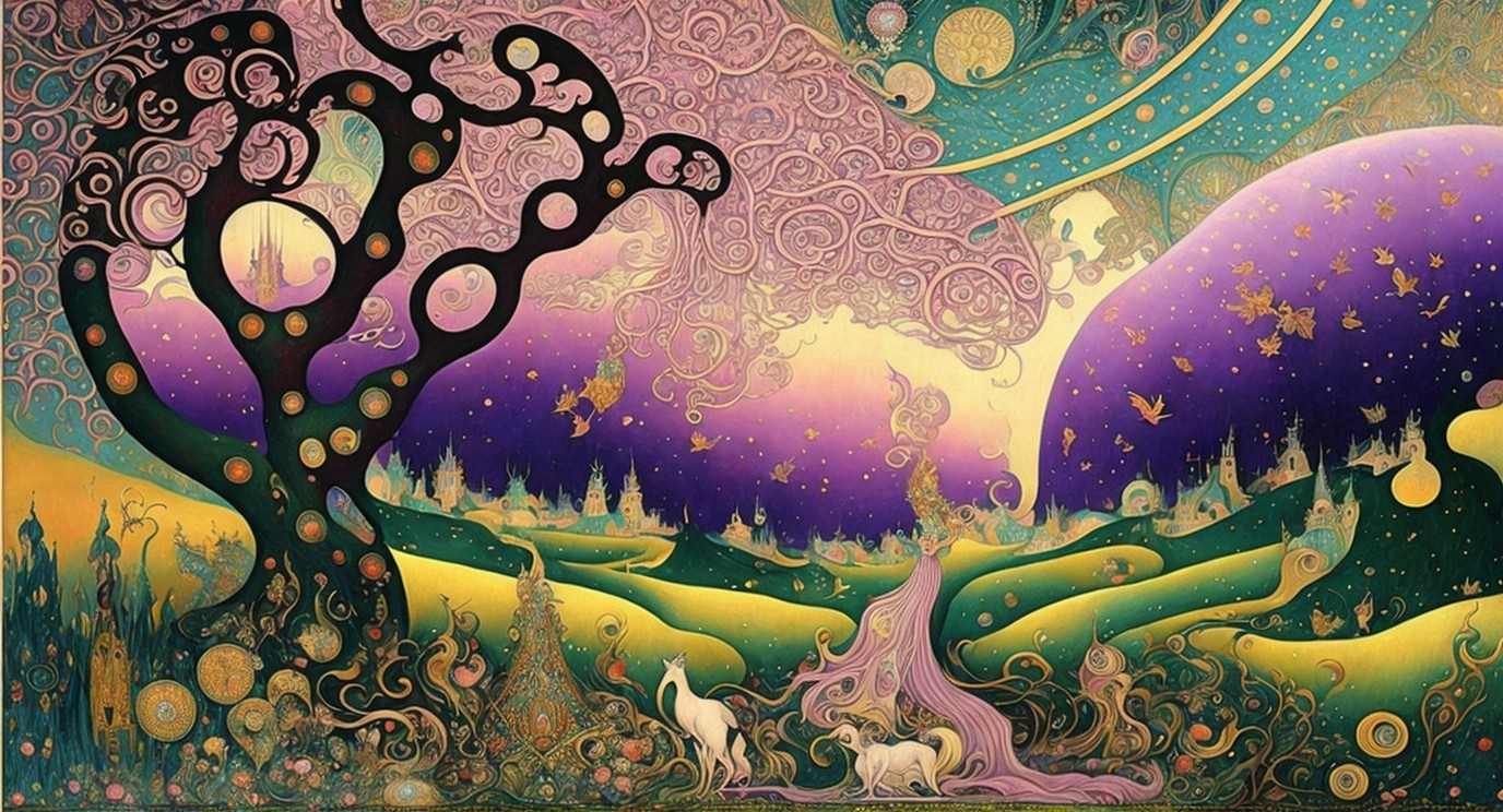 Vibrant Fantastical Landscape with Unicorns and Stars