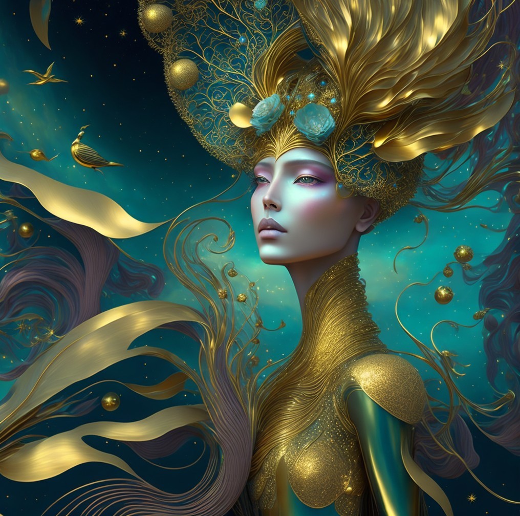 Mystical figure with golden hair against turquoise background