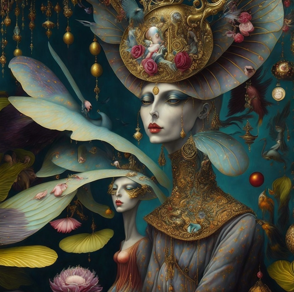 Ethereal Figures in Ornate Headdresses and Nature