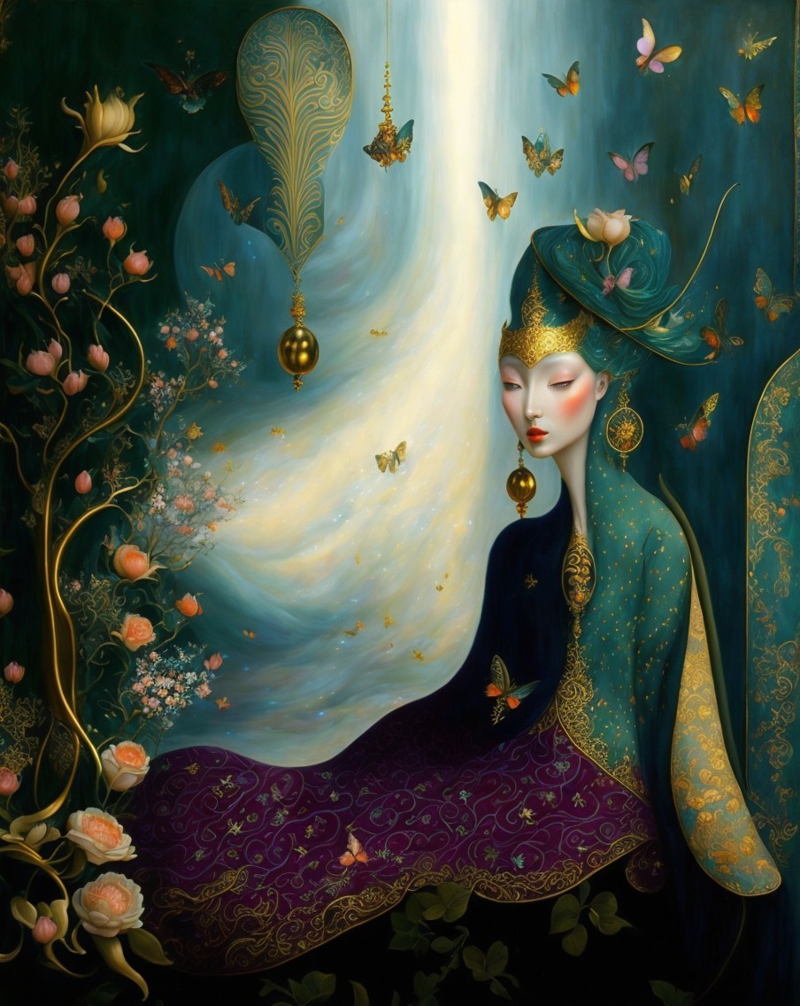 Serene figure in ornate fabrics among flowers and butterflies