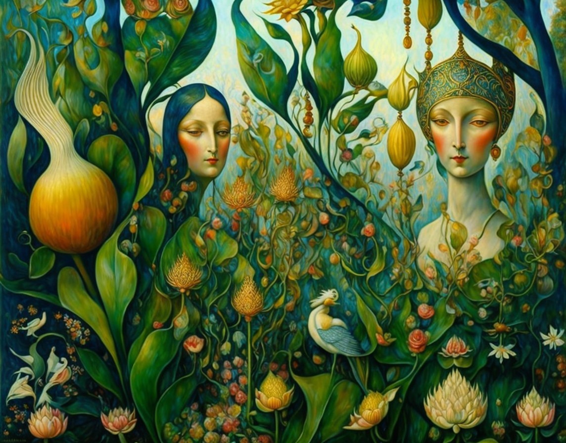 Surreal Artwork of Ethereal Figures in Colorful Flora