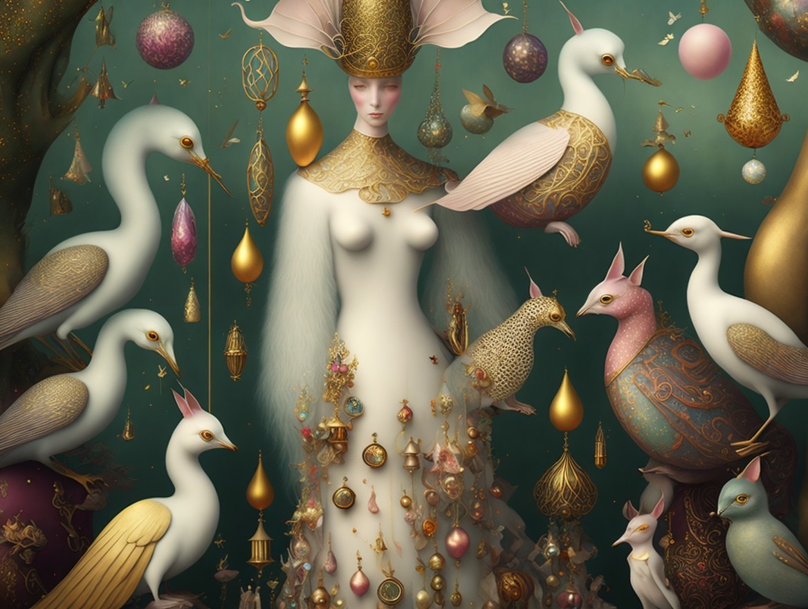 Fantastical Figure with Golden Headdress and Birds