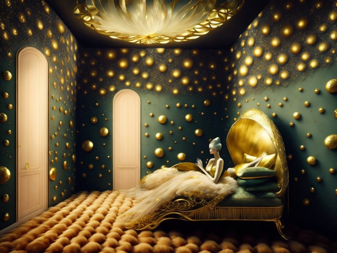 Surreal Opulent Bedroom with Golden Spheres and Luxe Decor
