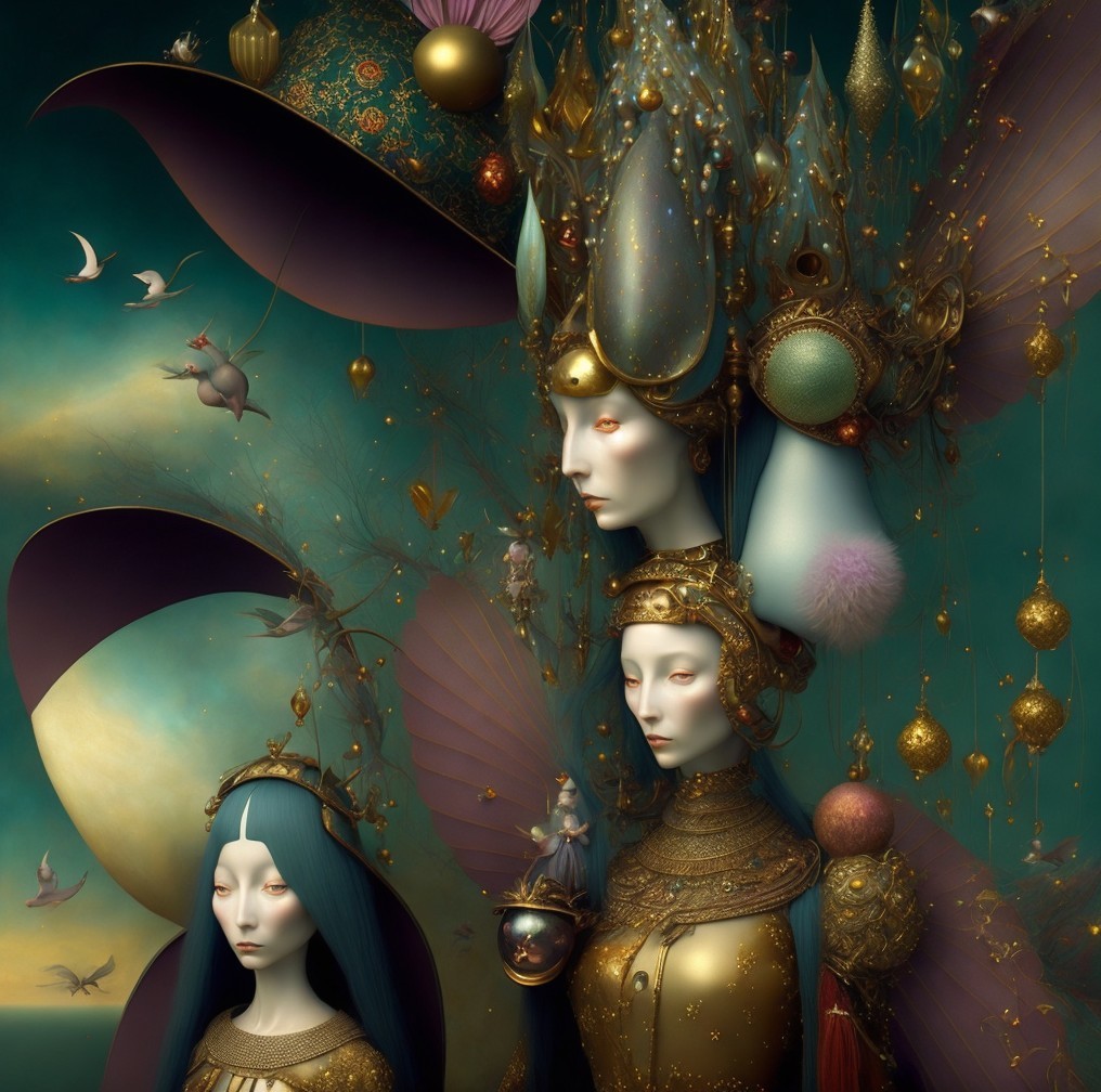Surreal Artwork with Ethereal Figures and Vibrant Colors