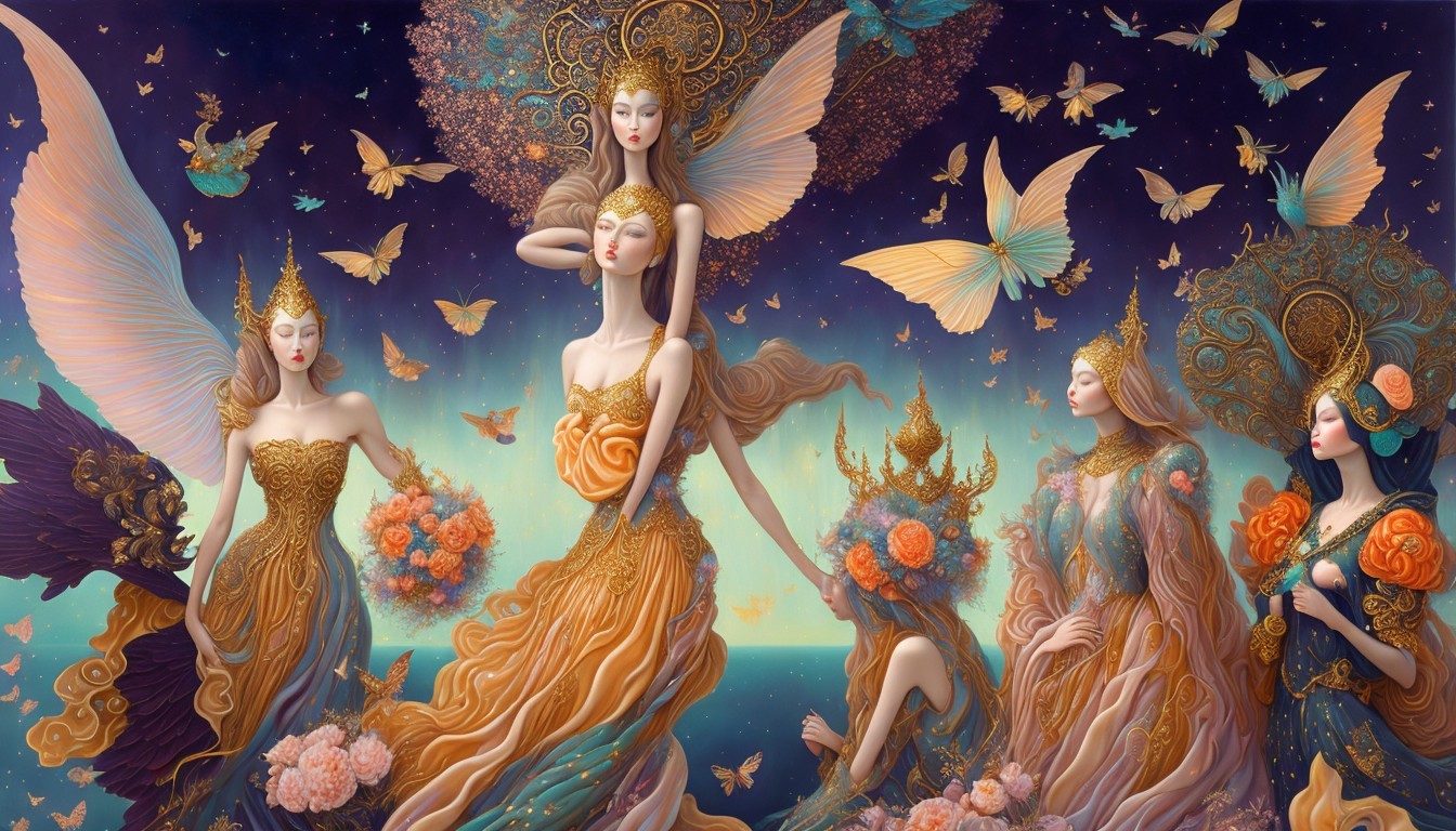 Ethereal Women in Flowing Dresses with Butterflies