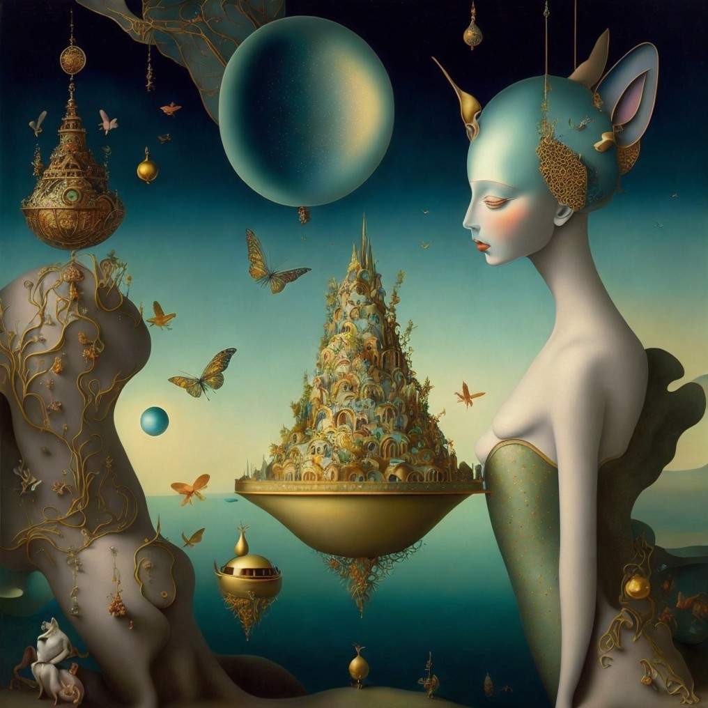 Surreal Landscape with Floating City and Butterflies