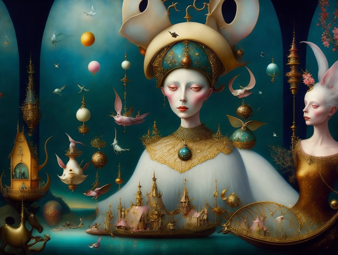 Surreal Scene with Ethereal Figures and Fantastical Objects