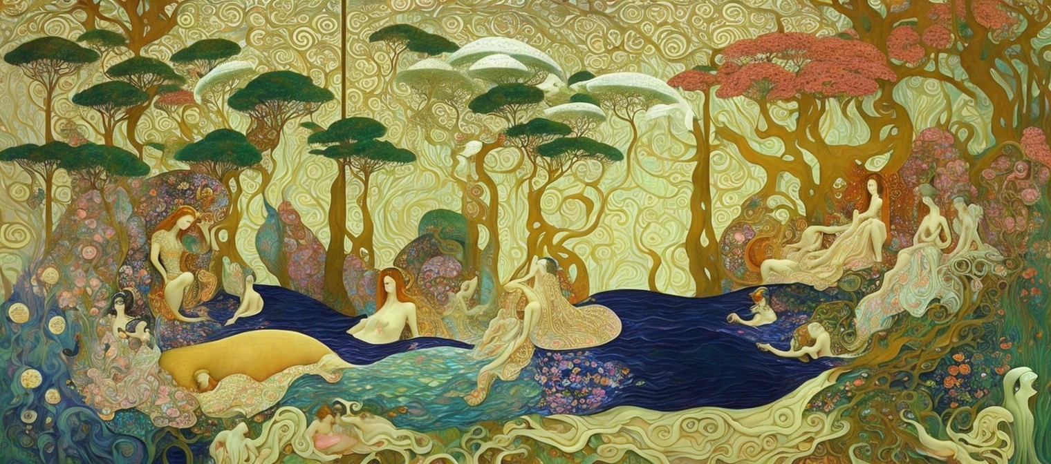 Surreal Landscape with Ethereal Figures and Nature Elements