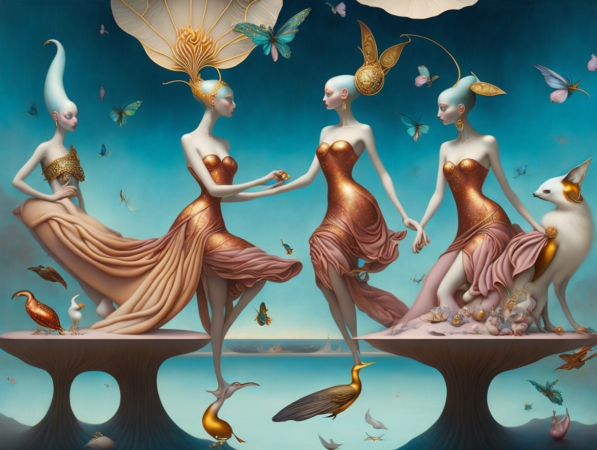 Surreal Scene with Elegant Figures and Dreamlike Elements