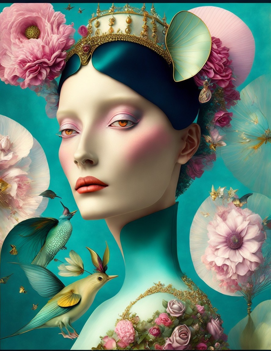 Portrait of a Female Figure with Crown and Floral Accents