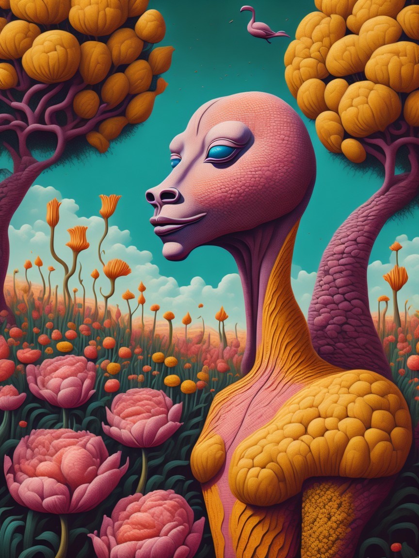 Surreal Landscape with Humanoid Figure and Flowers