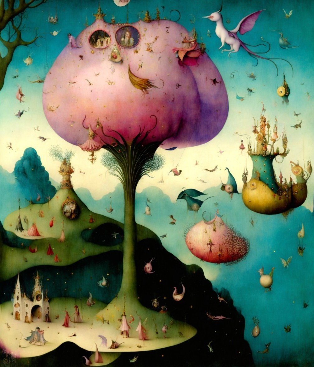 Surreal Painting of Bulbous Structure and Whimsical Figures