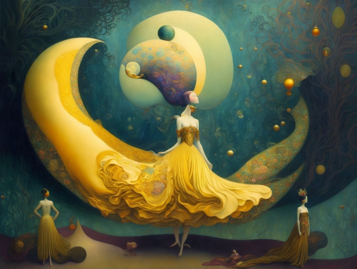 Surreal Scene of Elegantly Dressed Figures in Gold