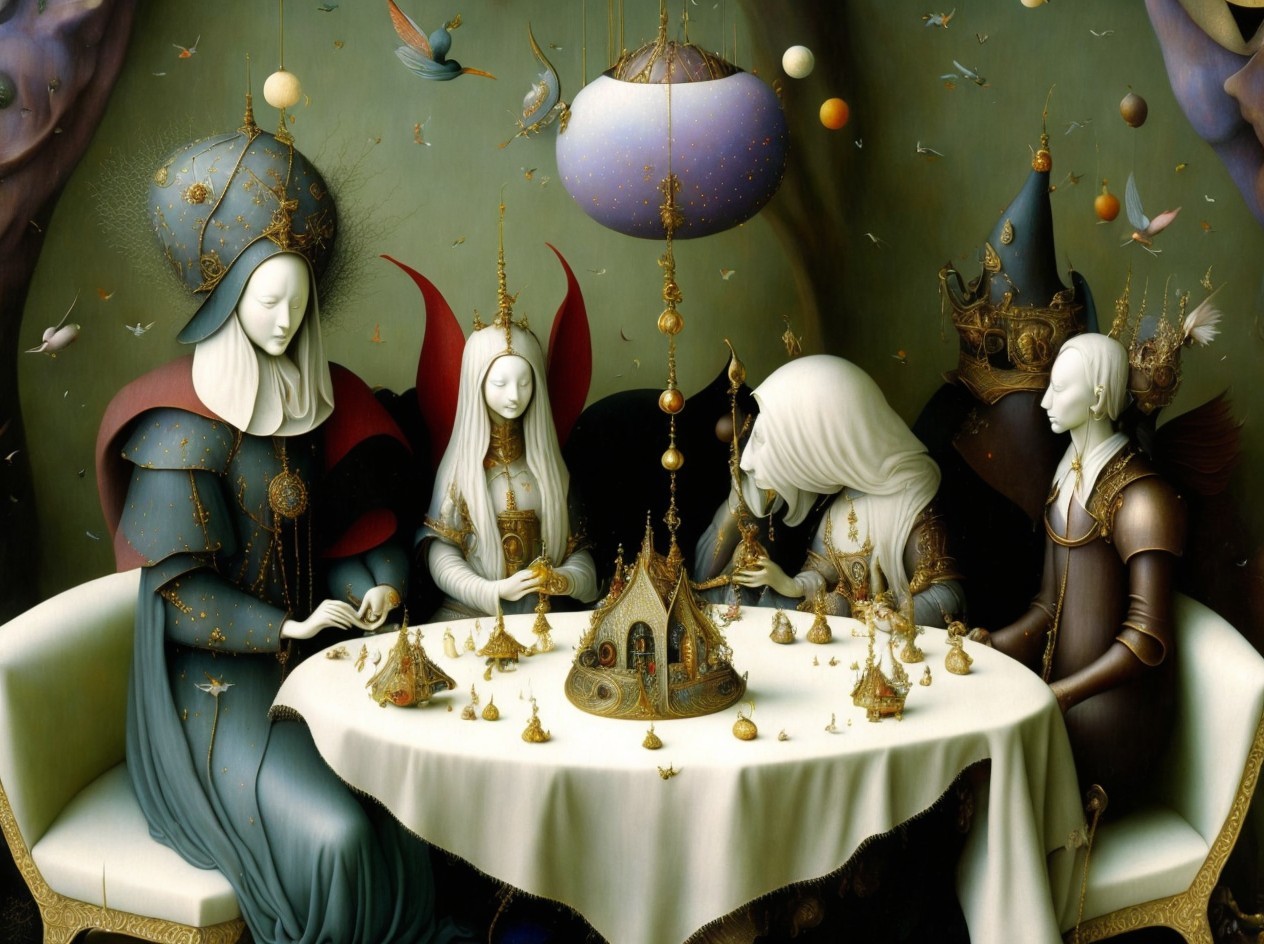 Surreal Gathering of Elegantly Dressed Figures