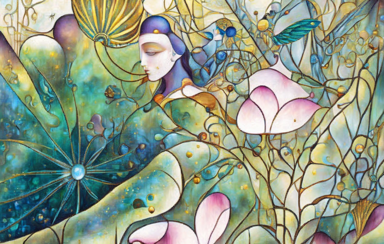 Serene Figure in Vibrant Landscape with Abstract Forms