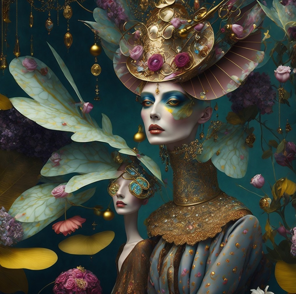 Ethereal Figures in Colorful Costumes with Floral Elements