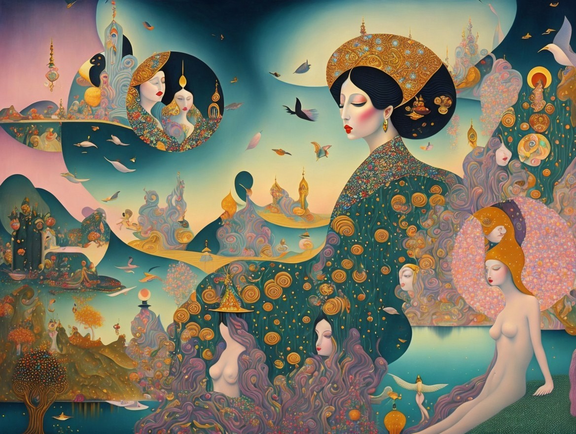 Surreal Landscape with Vibrant Colors and Ethereal Figures