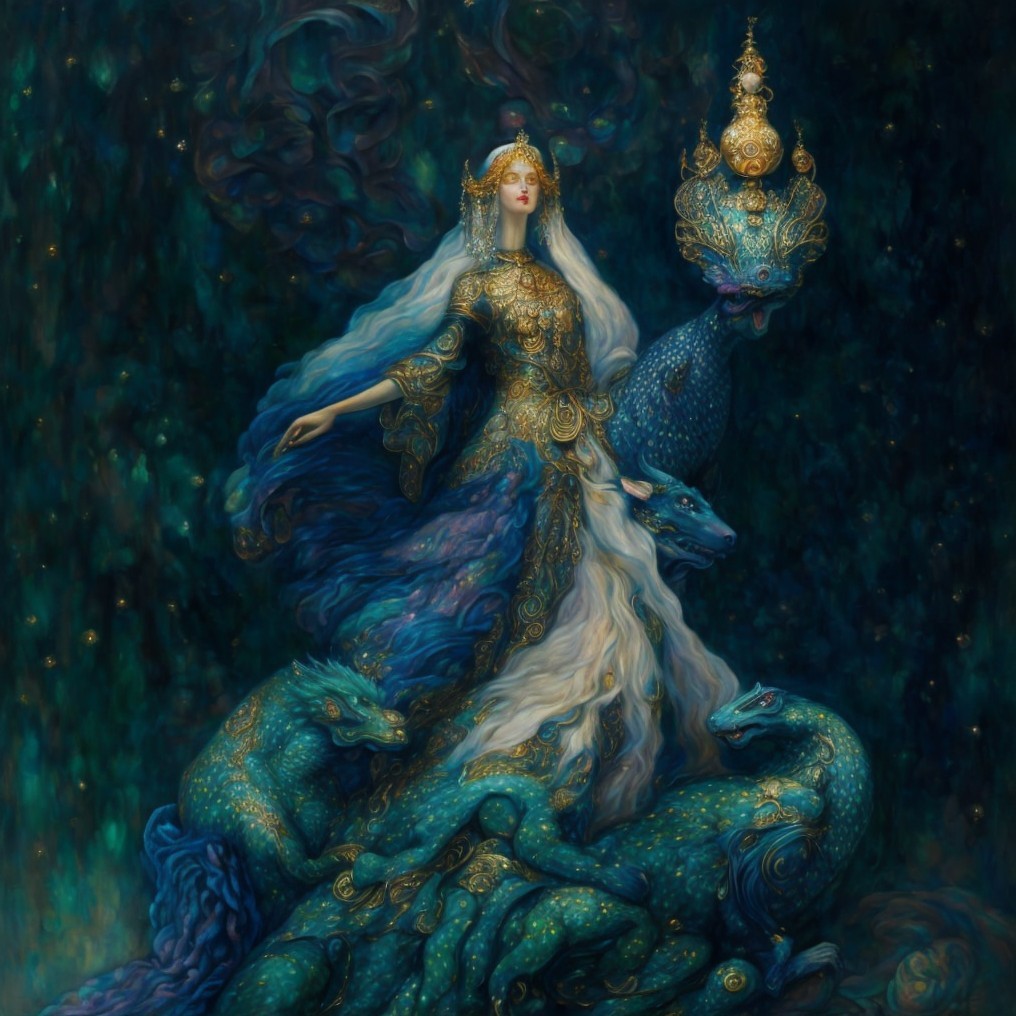 Mystical figure in shimmering attire by swirling waters
