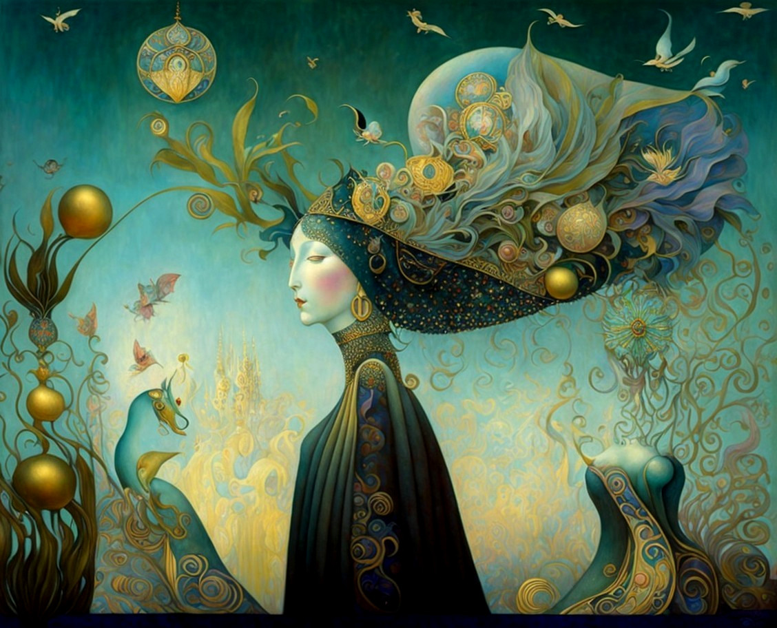 Ethereal Woman in Dreamlike Landscape with Creatures