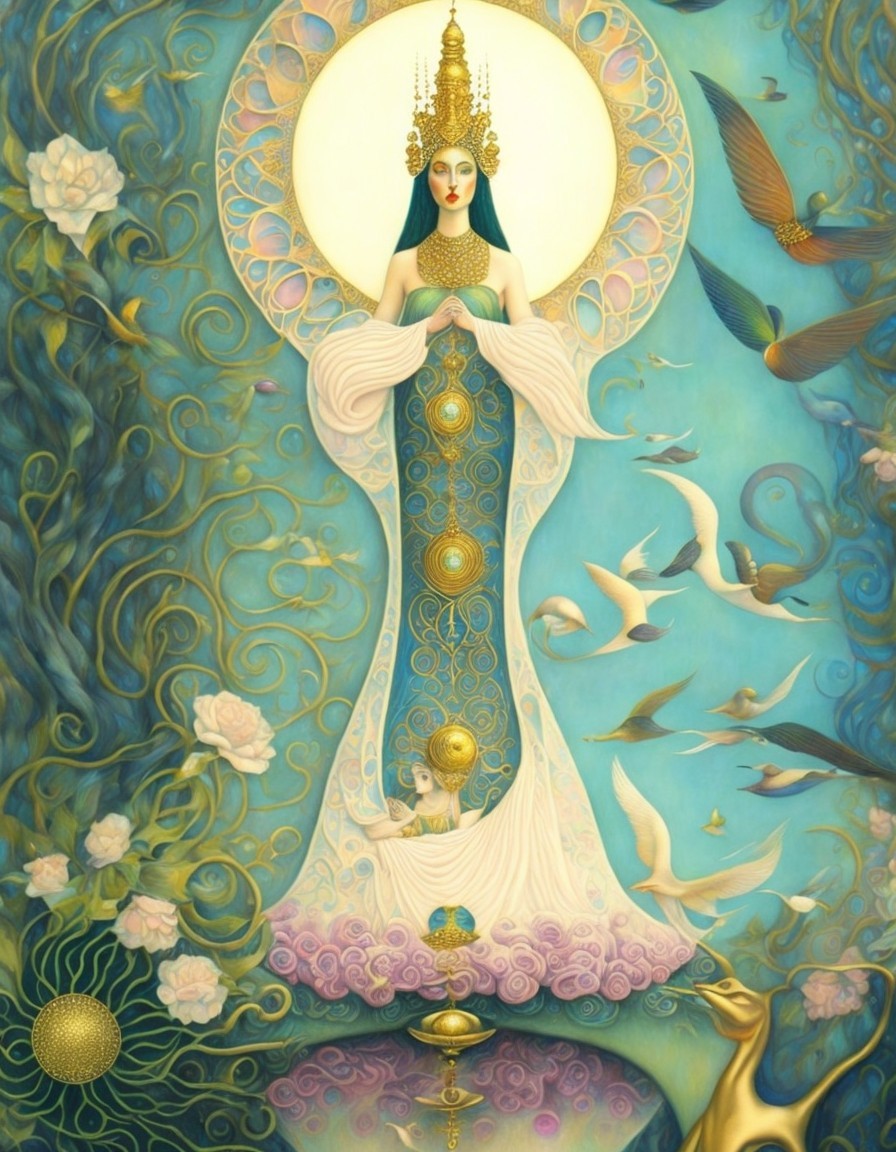 Serene Figure with Orb in Vibrant Blue Artwork