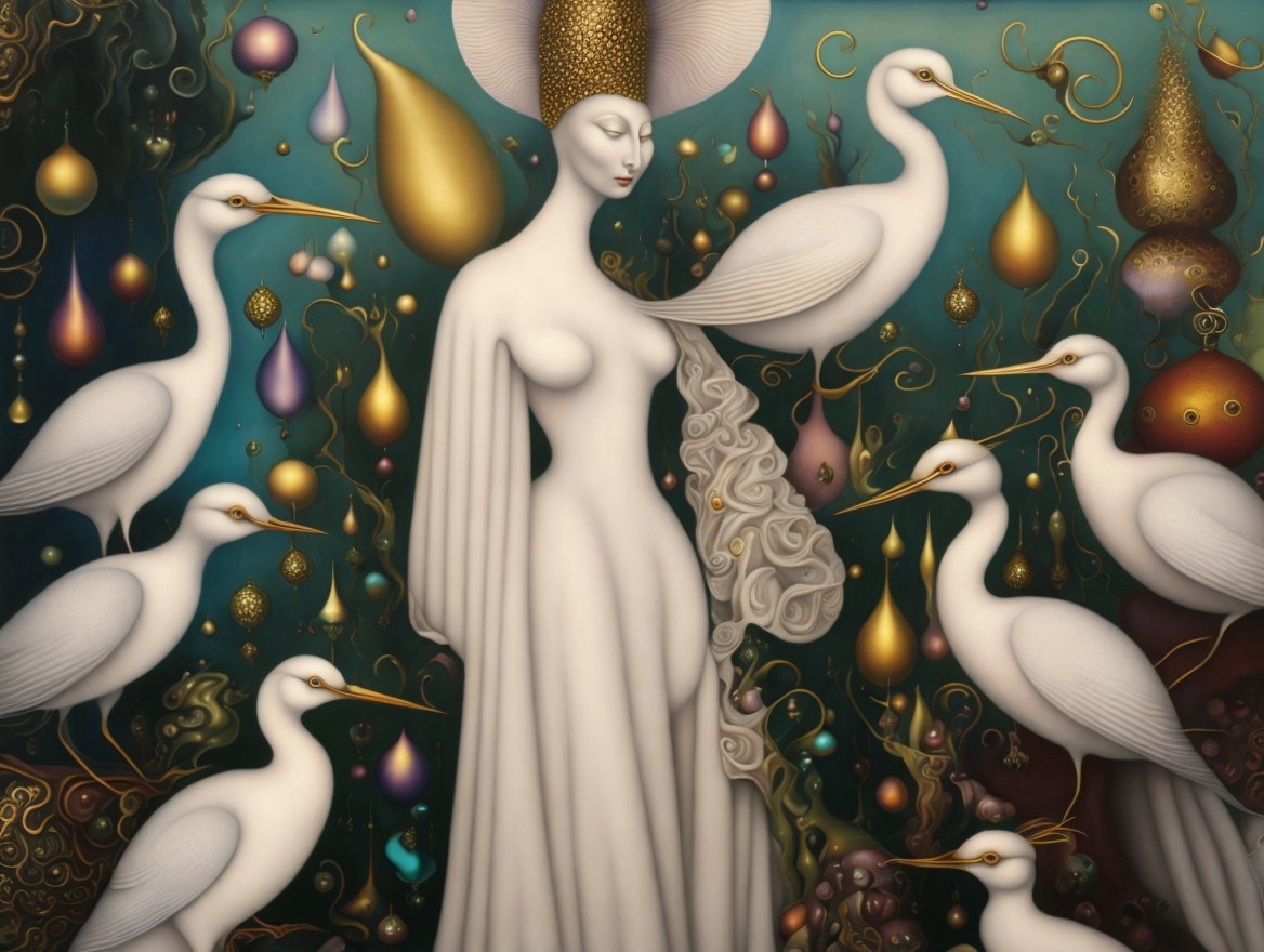 Ethereal Figure in White Robes Amidst Vibrant Background