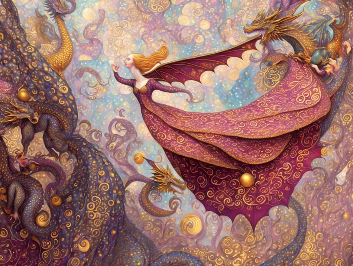 Whimsical Scene of a Woman in a Purple Gown with Dragons