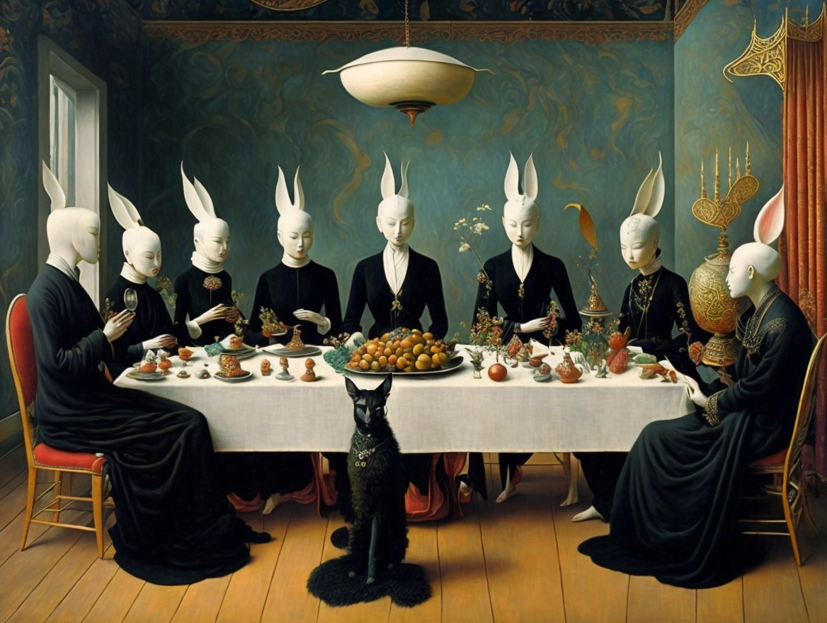 Surreal Dining Scene with Figures and Lavish Feast