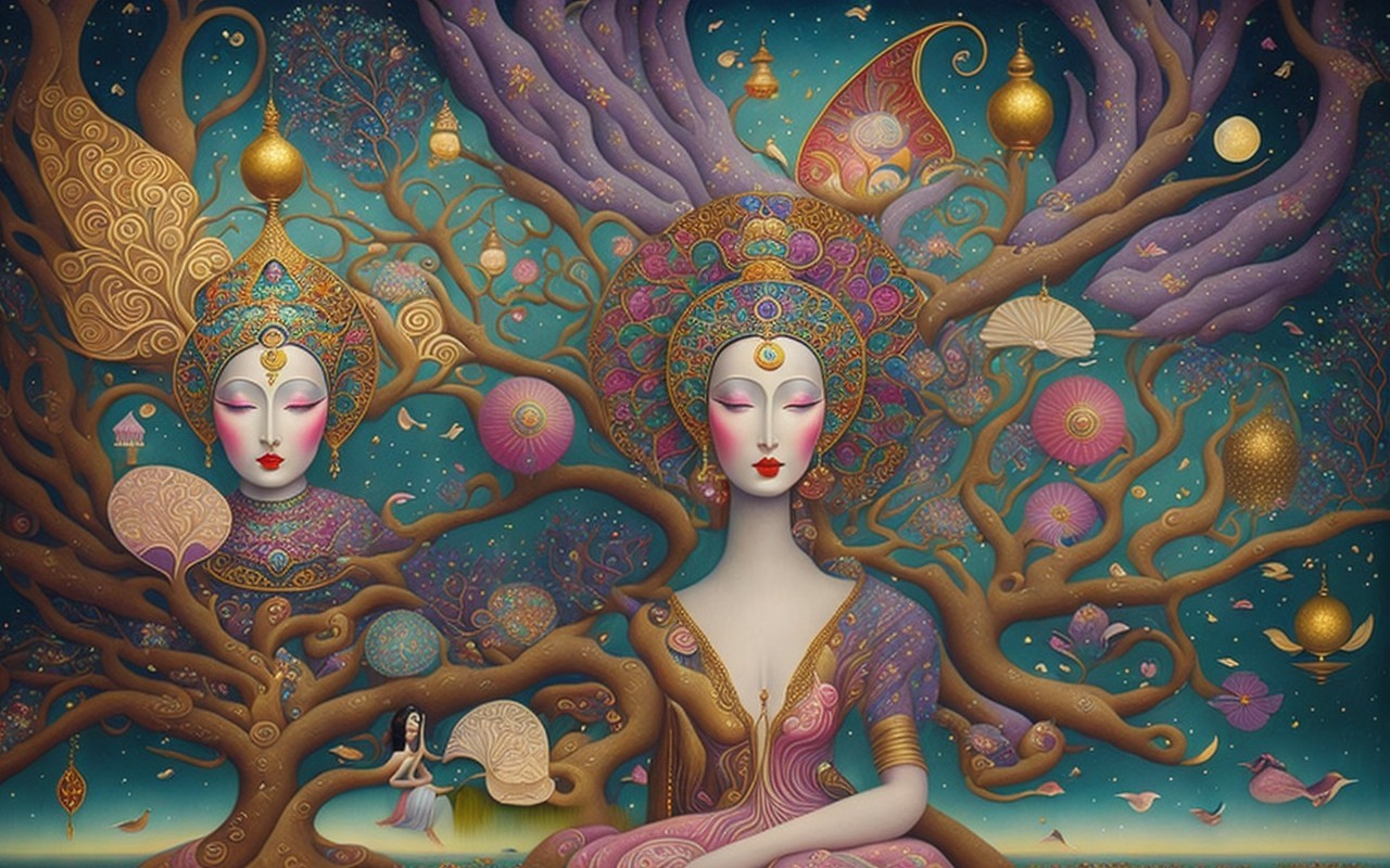 Serene Female Figures Amidst Enchanting Tree Art