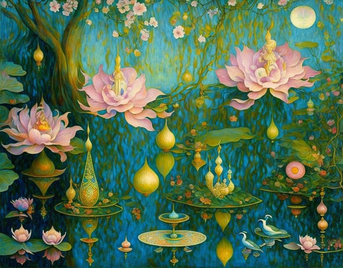 Mystical Lotus Flowers in a Serene Water Scene