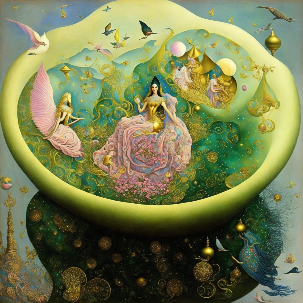 Psychedelic Rococo Fantasy Scene with Floating Women