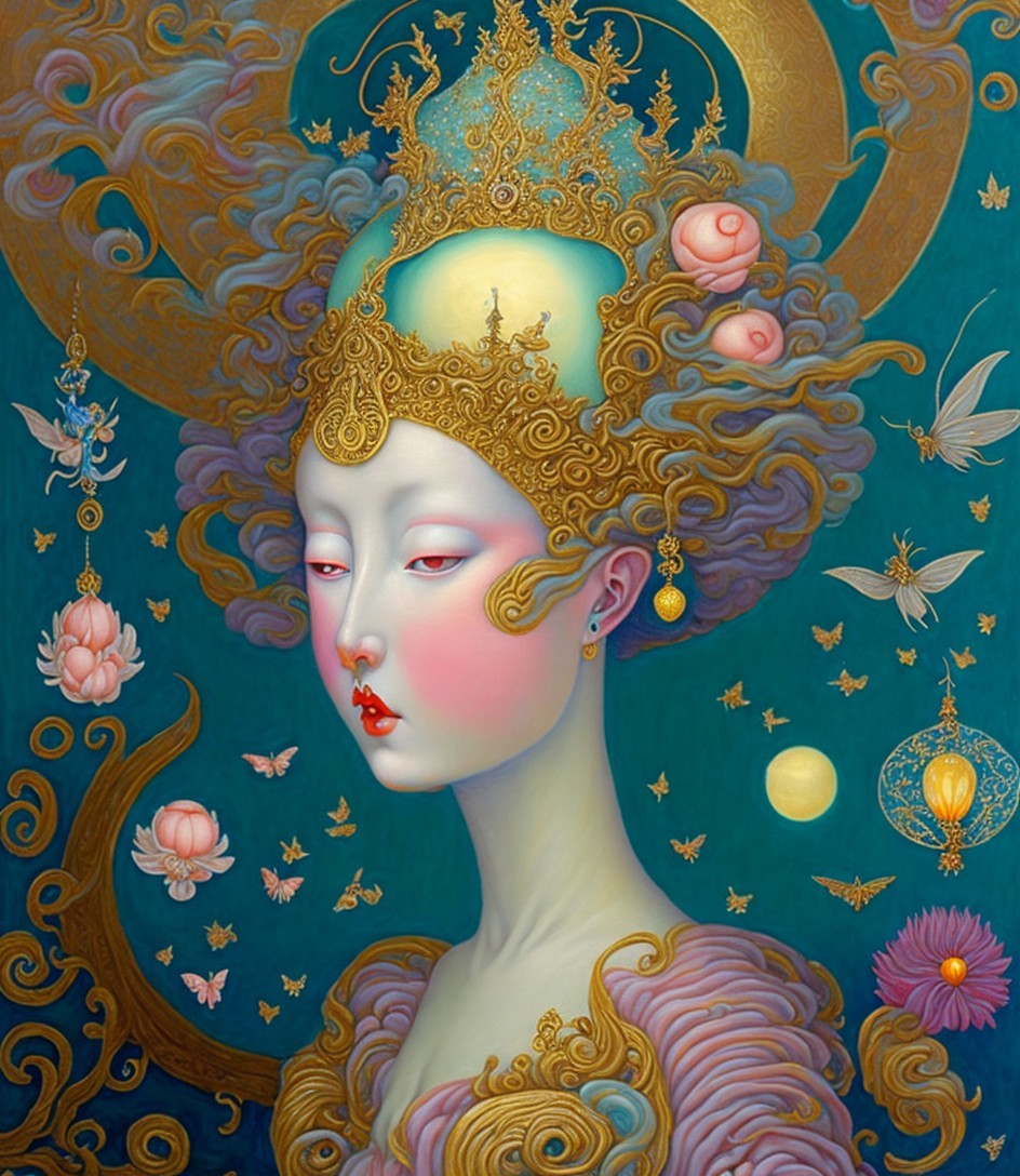 Ethereal Figure with Crown and Floating Flowers
