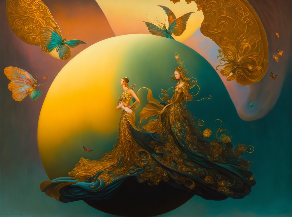 Ethereal Figures in a Dreamlike Landscape with Orbs