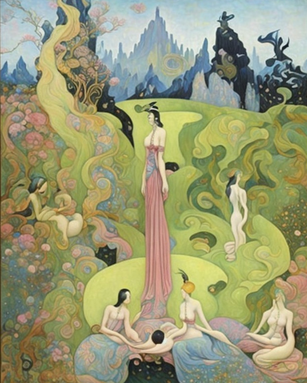 Art Nouveau Scene with Ethereal Women and Nature
