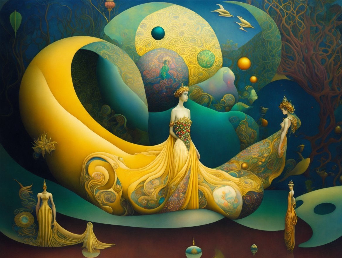 Ethereal Figures in Yellow Gowns in Whimsical Landscape
