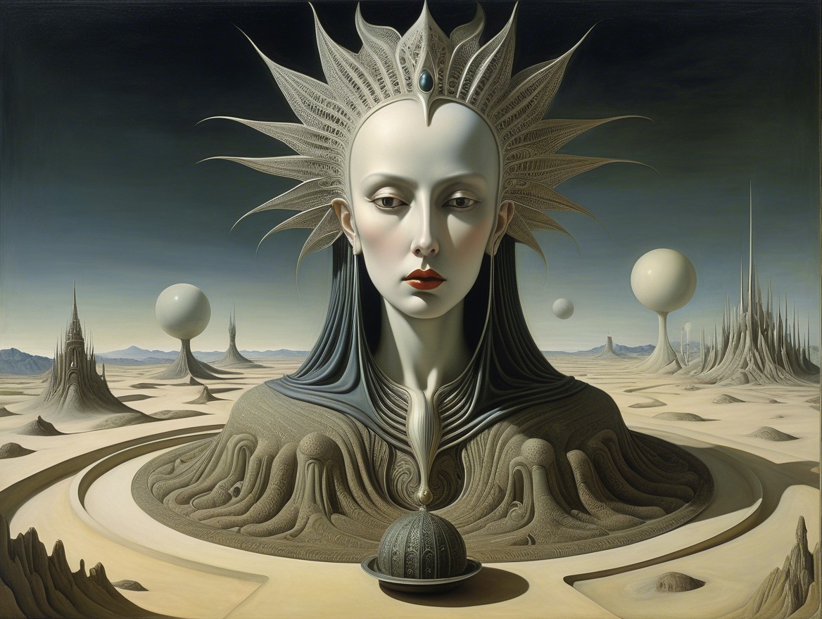 Surreal Landscape with Striking Figure and Structures