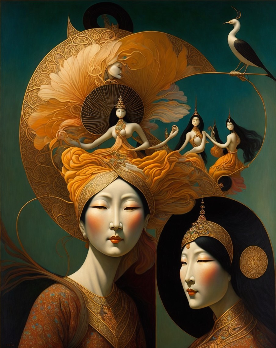 Stylized Female Figures in Vibrant Traditional Attire