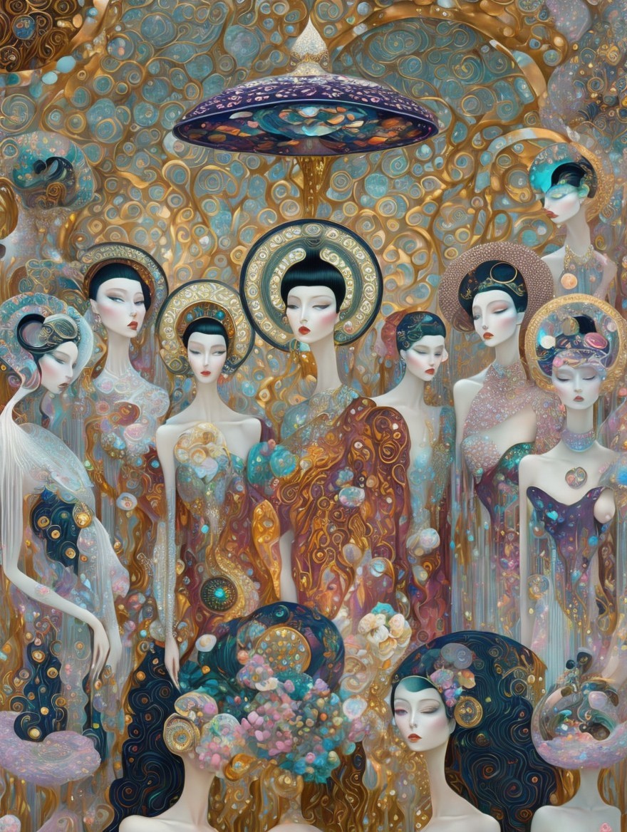 Ethereal Women in Shimmering Attire Against Dreamlike Background
