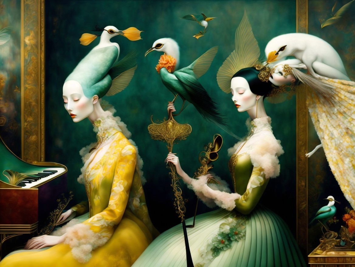 Elegant Women by Grand Piano with Exotic Birds