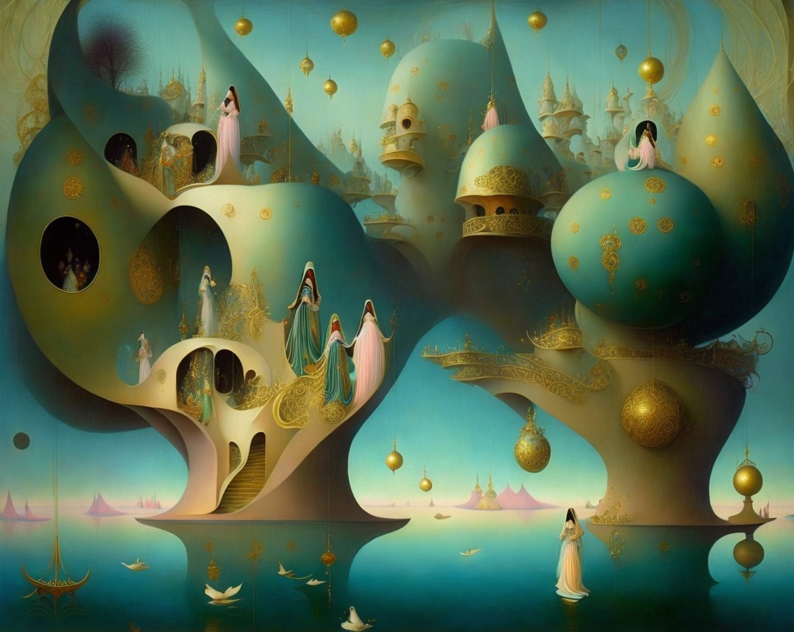 Surreal Landscape with Whimsical Structures and Figures