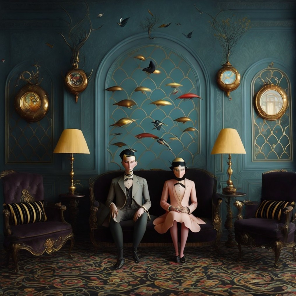 Elegant Room with Two Characters on Plush Sofa