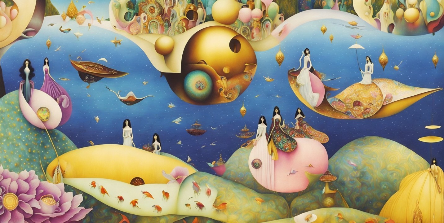 Surreal Landscape with Floating Islands and Ethereal Figures