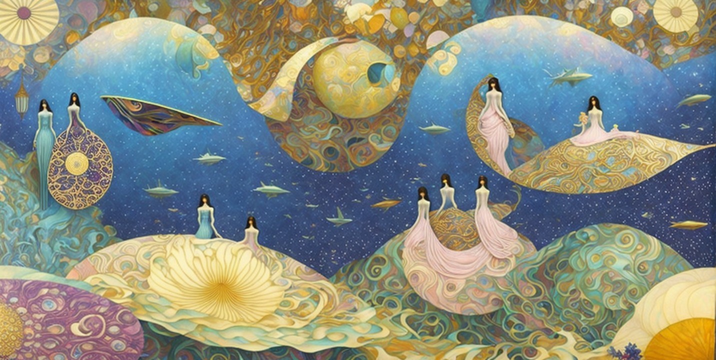 Surreal Landscape with Flowing Hills and Ethereal Figures