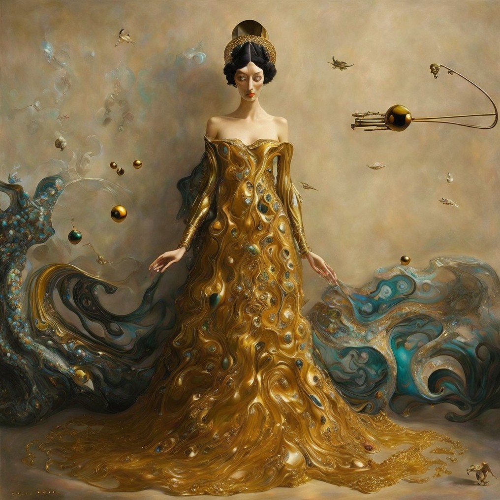 Woman in Golden Gown Against Blue and Gold Backdrop