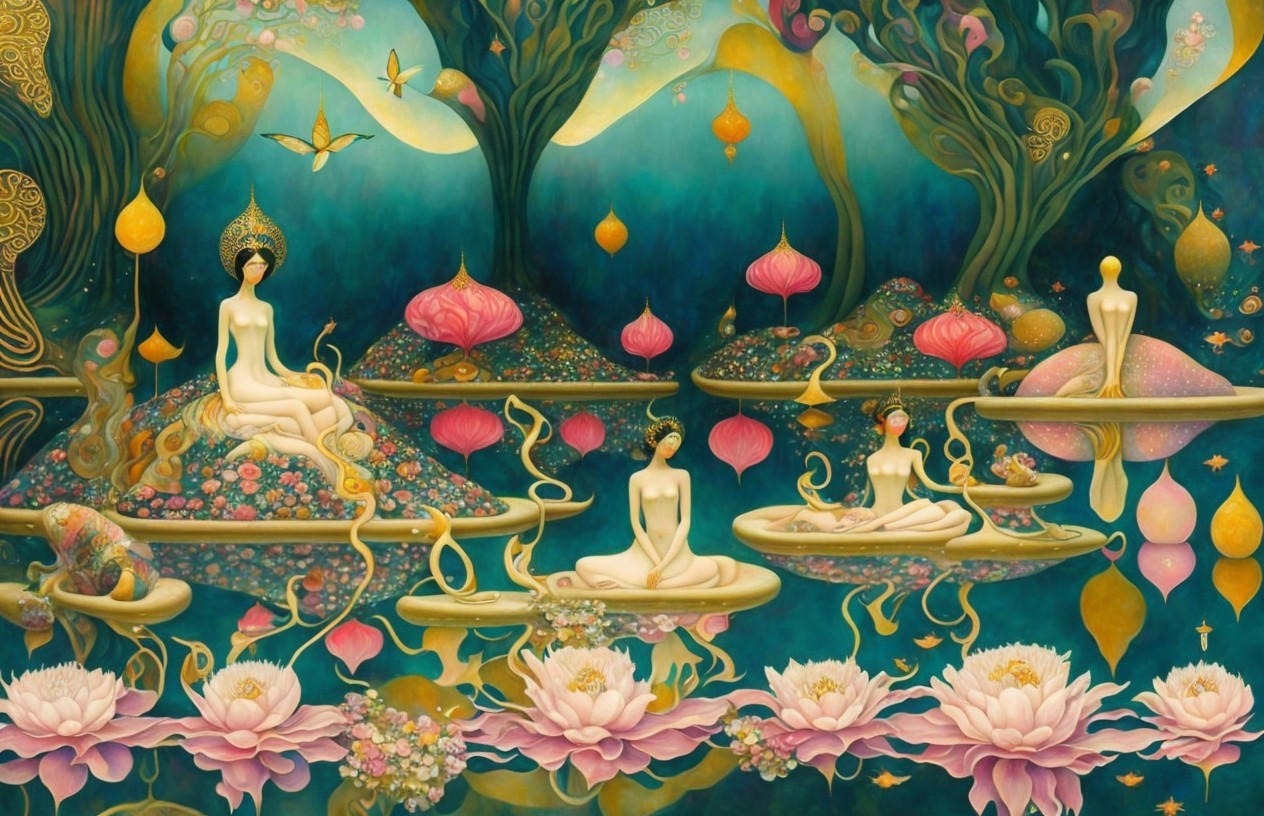 Women Meditating in a Vibrant Dreamlike Landscape