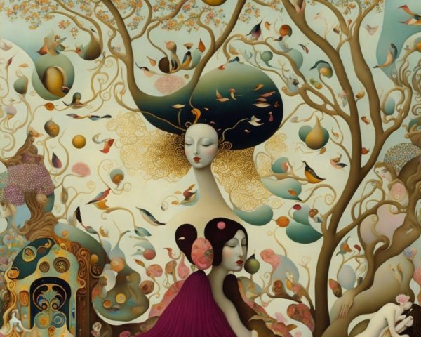 Surreal Scene with Ethereal Figures and Nature Elements